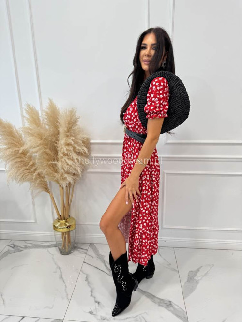 Sukienka midi na krótki rękaw w kremowe kwiaty Megan czerwona 172 - photo #10