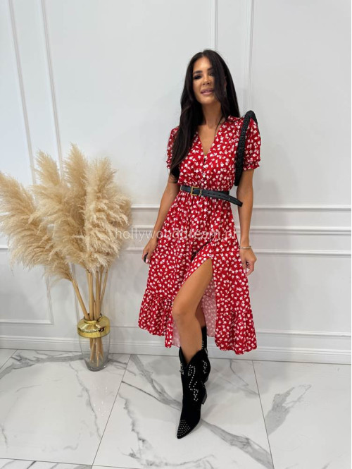 Sukienka midi na krótki rękaw w kremowe kwiaty Megan czerwona 172 - photo #19