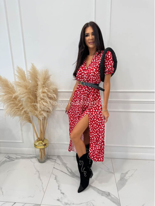 Sukienka midi na krótki rękaw w kremowe kwiaty Megan czerwona 172 - photo #20