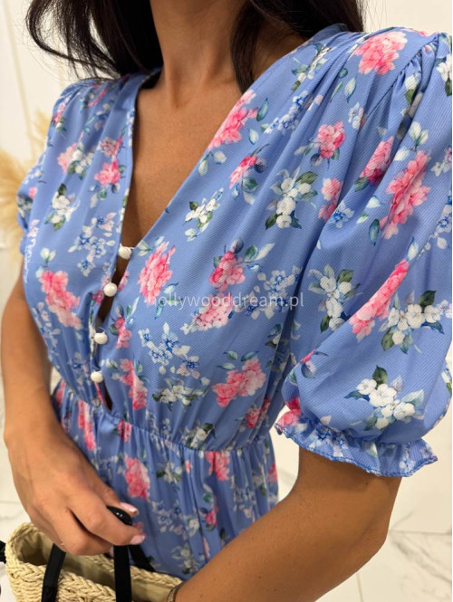 Sukienka midi na krótki rękaw w różowo-błekitne kwiaty Megan niebieska 172 - photo #2