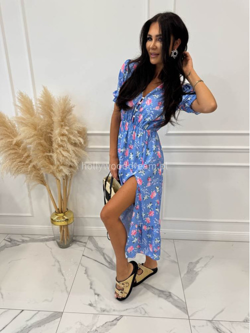 Sukienka midi na krótki rękaw w różowo-błekitne kwiaty Megan niebieska 172 - photo #6