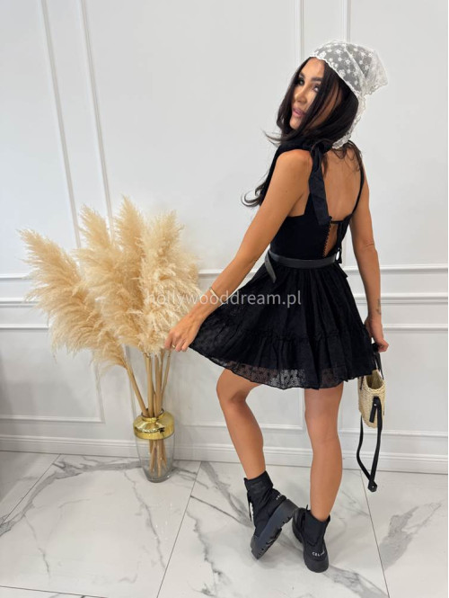 PRE ORDER Sukienka mini ażurowa z wiązanymi ramiączkami i usztywnianymi miseczkami OLA czarna 89 - photo #5