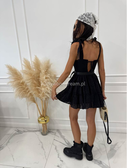 PRE ORDER Sukienka mini ażurowa z wiązanymi ramiączkami i usztywnianymi miseczkami OLA czarna 89 - photo #6