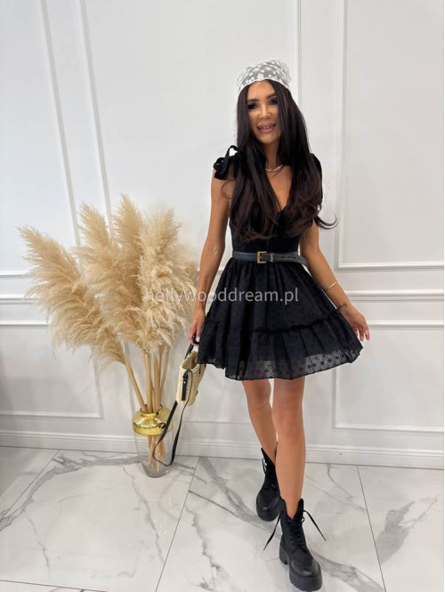 PRE ORDER Sukienka mini ażurowa z wiązanymi ramiączkami i usztywnianymi miseczkami OLA czarna 89 - photo #7