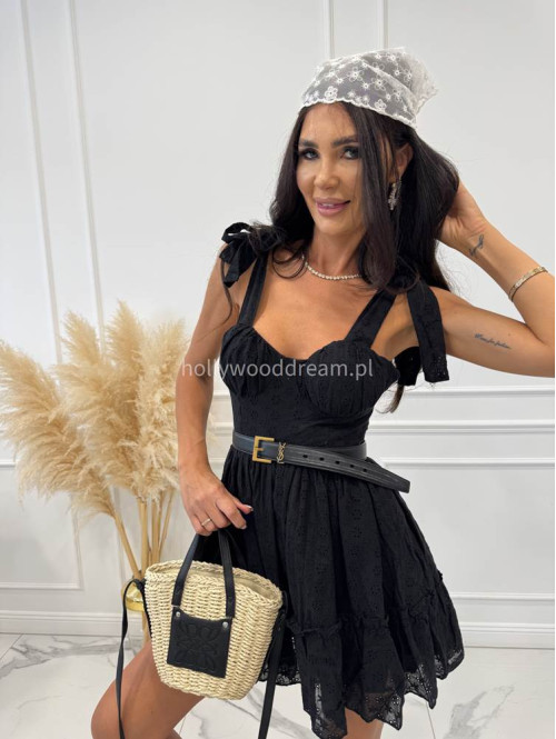 PRE ORDER Sukienka mini ażurowa z wiązanymi ramiączkami i usztywnianymi miseczkami OLA czarna 89 - photo #9