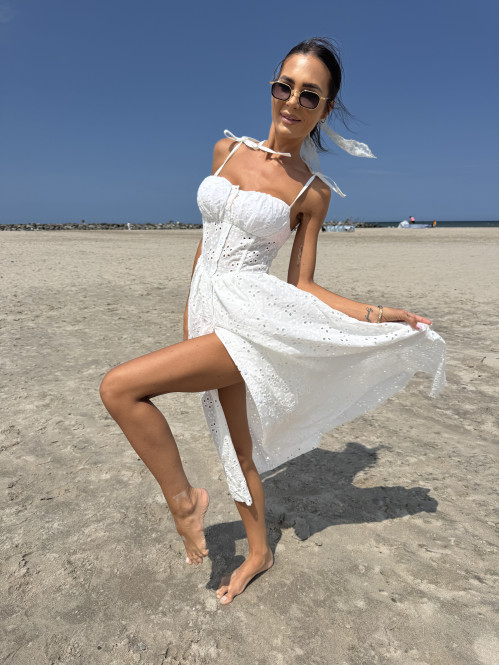 PRE ORDER Sukienka midi ażurowa z wiązanymi ramiączkami NASTIA biała 09 - photo #33