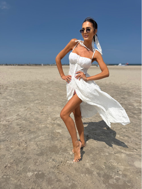 PRE ORDER Sukienka midi ażurowa z wiązanymi ramiączkami NASTIA biała 09 - photo #36