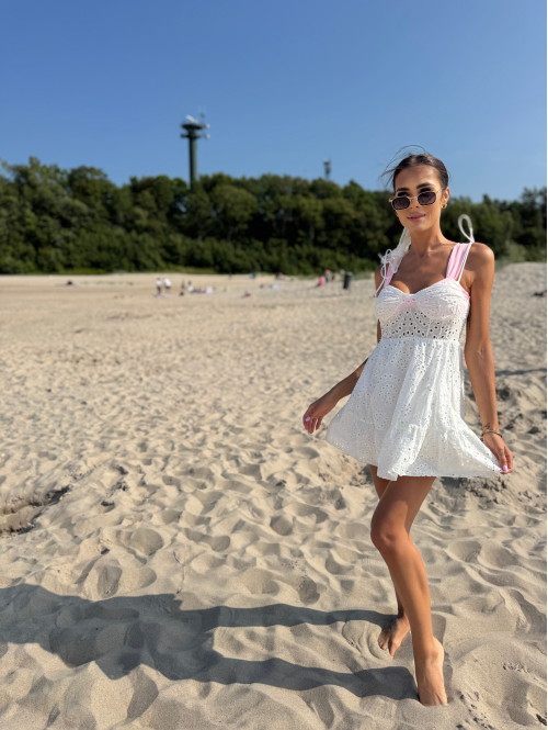 Sukienka mini ażurowa z wiązanymi ramiączkami i falbaną 100% bawełna NAOMI biała 09 - photo #22