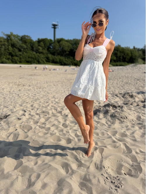 Sukienka mini ażurowa z wiązanymi ramiączkami i falbaną 100% bawełna NAOMI biała 09 - photo #24
