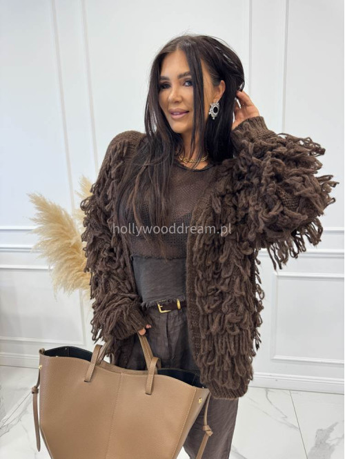 Sweter z ozdobnymi frędzlami Nari czekoladowy 06 - photo #8