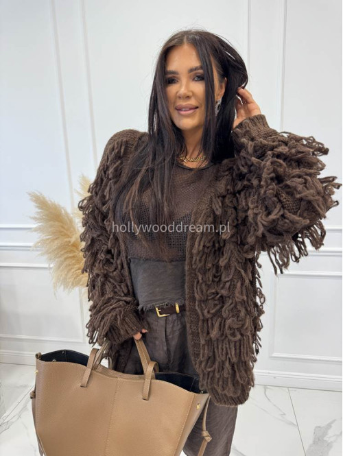 Sweter z ozdobnymi frędzlami Nari czekoladowy 06 - photo #10