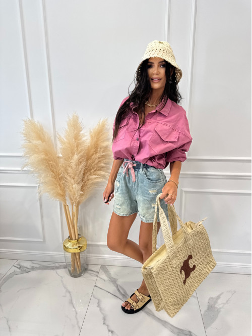 Spodenki jeans z gumką w pasie, różowym sznurkiem i przetarciami MIRO sprany jeans 06