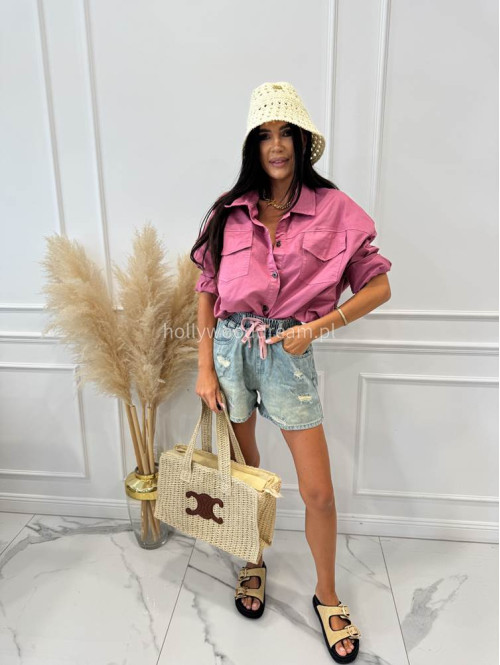 Spodenki jeans z gumką w pasie, różowym sznurkiem i przetarciami MIRO sprany jeans 06 - photo #2