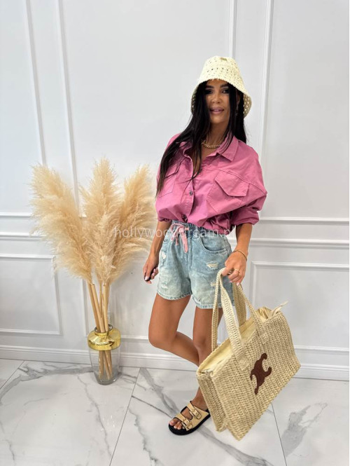 Spodenki jeans z gumką w pasie, różowym sznurkiem i przetarciami MIRO sprany jeans 06 - photo #11