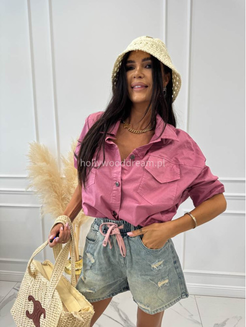 Spodenki jeans z gumką w pasie, różowym sznurkiem i przetarciami MIRO sprany jeans 06 - photo #12