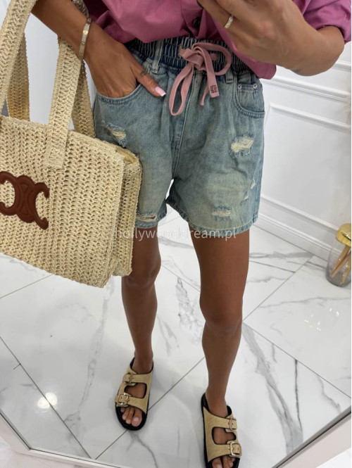 Spodenki jeans z gumką w pasie, różowym sznurkiem i przetarciami MIRO sprany jeans 06 - photo #20