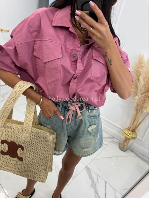 Spodenki jeans z gumką w pasie, różowym sznurkiem i przetarciami MIRO sprany jeans 06 - photo #22