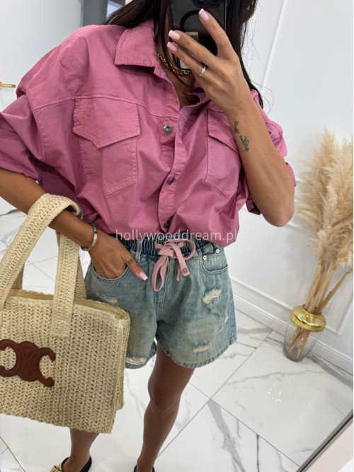 Spodenki jeans z gumką w pasie, różowym sznurkiem i przetarciami MIRO sprany jeans 06 - photo #23