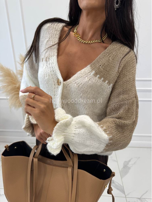 Sweter ze złotymi guzikami i falbaną przy rękawie MORNINGS beżowo-kremowy 19 - photo #8