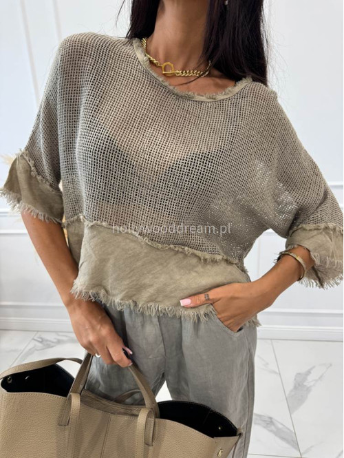 Bluzka ażurowa pleciona na krótki rękaw OLA khaki 06 - photo #1