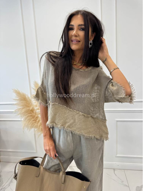 Bluzka ażurowa pleciona na krótki rękaw OLA khaki 06 - photo #3
