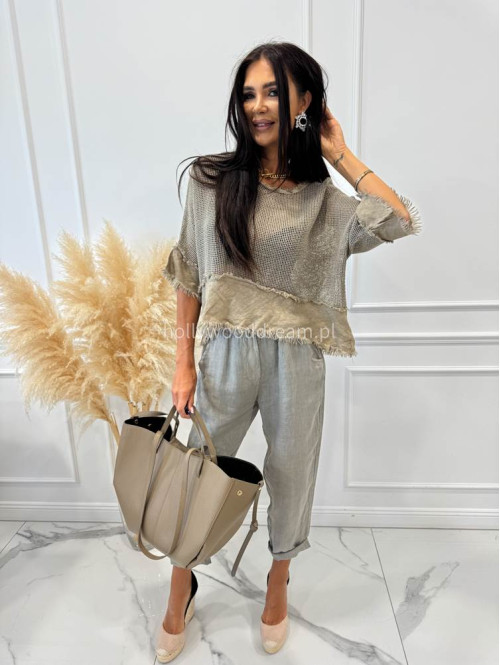 Bluzka ażurowa pleciona na krótki rękaw OLA khaki 06 - photo #6