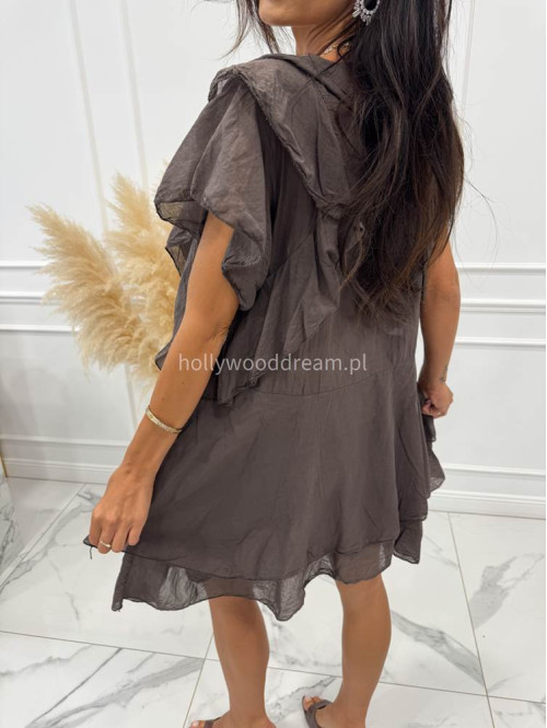 Sukienka oversize z falbanami i wiązaniem na dekolcie 100% bawełna MONIKA czekoladowa 06 - photo #19