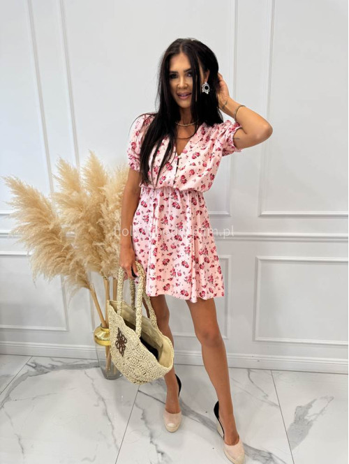 Sukienka mini na krótki rękaw ANGIE w różowe kwiaty pudrowa 172 - photo #4