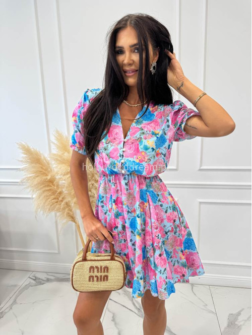 Sukienka mini na krótki rękaw ANGIE w różowo niebieskie kwiaty błękitna 172 - photo #3
