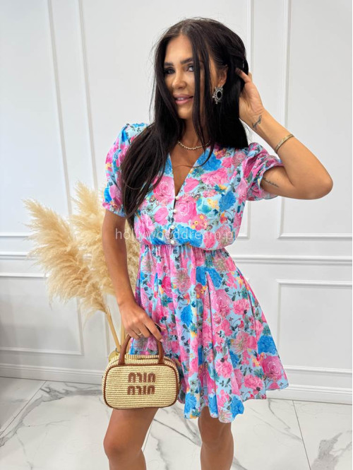 Sukienka mini na krótki rękaw ANGIE w różowo niebieskie kwiaty błękitna 172 - photo #5