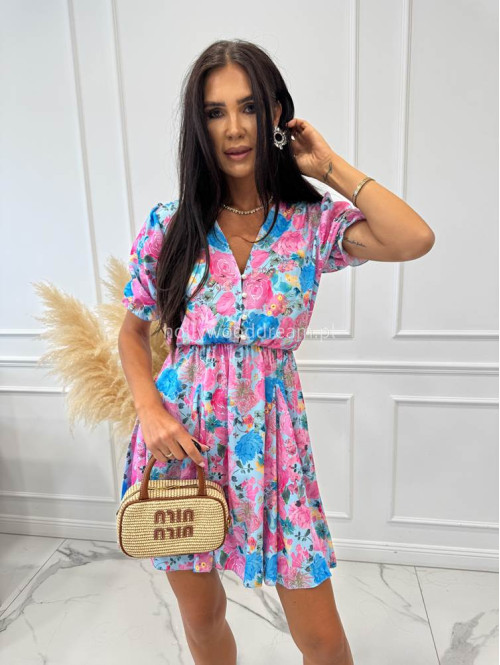 Sukienka mini na krótki rękaw ANGIE w różowo niebieskie kwiaty błękitna 172 - photo #6