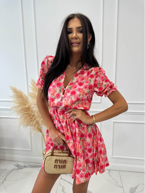 Sukienka mini na krótki rękaw ANGIE w różowo morelowe kwiaty pudrowa 172 - photo #5