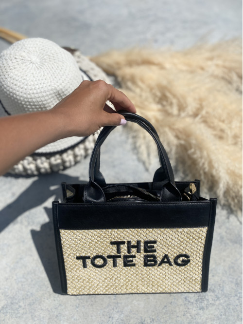 Torebka shopper mała pleciona z napisem TOTE BAG jasno beżowa