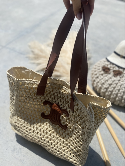 Pleciona torebka shopper z brązowym paskiem JULY jasno beżowa - photo #6