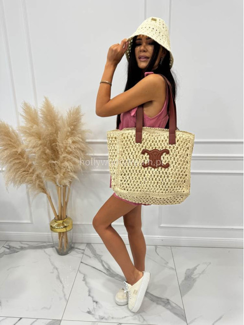 Pleciona torebka shopper z brązowym paskiem JULY jasno beżowa - photo #16