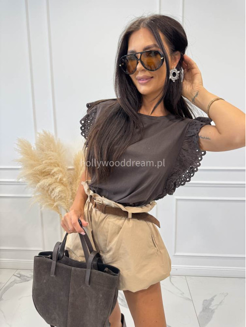 Bluzka bawełniana z ażurowym zdobieniem na ramionach MARTA czekoladowa 06 - photo #1
