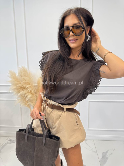 Bluzka bawełniana z ażurowym zdobieniem na ramionach MARTA czekoladowa 06 - photo #2