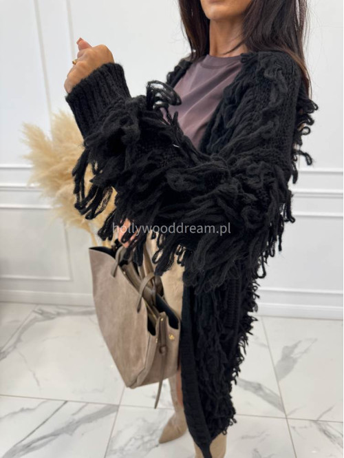 PRE ORDER Sweter długi z ozdobnymi frędzlami czarny FERREO - photo #2