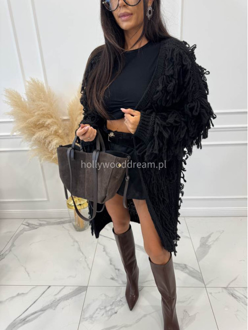 PRE ORDER Sweter długi z ozdobnymi frędzlami czarny FERREO - photo #11