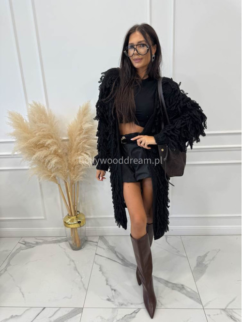 PRE ORDER Sweter długi z ozdobnymi frędzlami czarny FERREO - photo #18