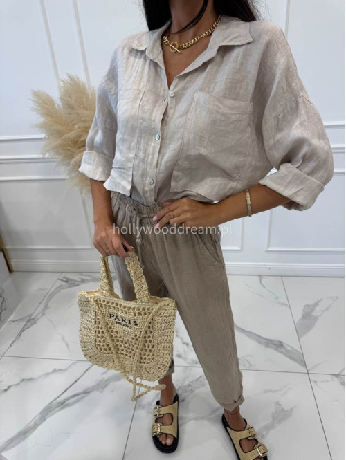 Koszula dłuższa z dużymi kieszeniami 100% len OLGA beżowa 06 - photo #14