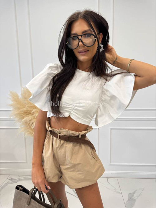 Bluzka krótka bawełniana na krótki rękaw z falbaną DIVA biała 161 - photo #11