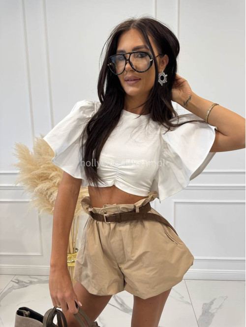 Bluzka krótka bawełniana na krótki rękaw z falbaną DIVA biała 161 - photo #12