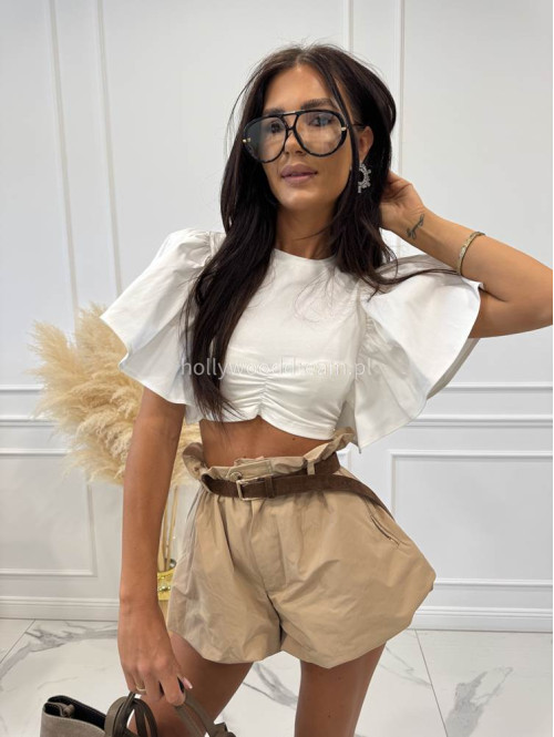 Bluzka krótka bawełniana na krótki rękaw z falbaną DIVA biała 161 - photo #13