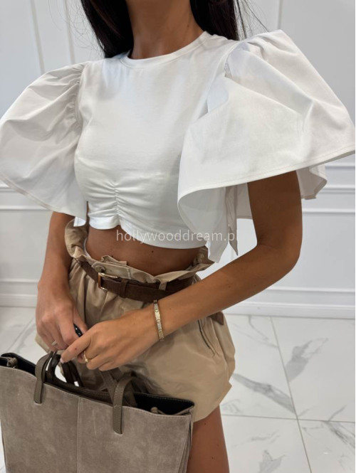 Bluzka krótka bawełniana na krótki rękaw z falbaną DIVA biała 161 - photo #16