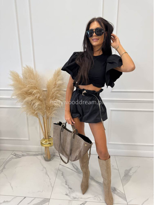 Bluzka krótka bawełniana na krótki rękaw z falbaną DIVA czarna 161 - photo #3