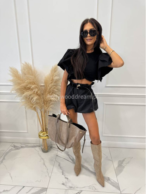 Bluzka krótka bawełniana na krótki rękaw z falbaną DIVA czarna 161 - photo #7
