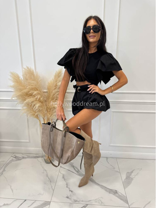 Bluzka krótka bawełniana na krótki rękaw z falbaną DIVA czarna 161 - photo #8