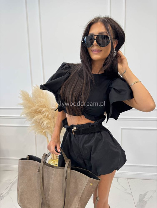 Bluzka krótka bawełniana na krótki rękaw z falbaną DIVA czarna 161 - photo #13