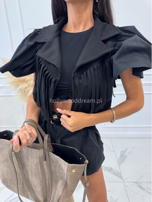 Bluzka krótka bawełniana na krótki rękaw z falbaną DIVA czarna 161 - photo #26